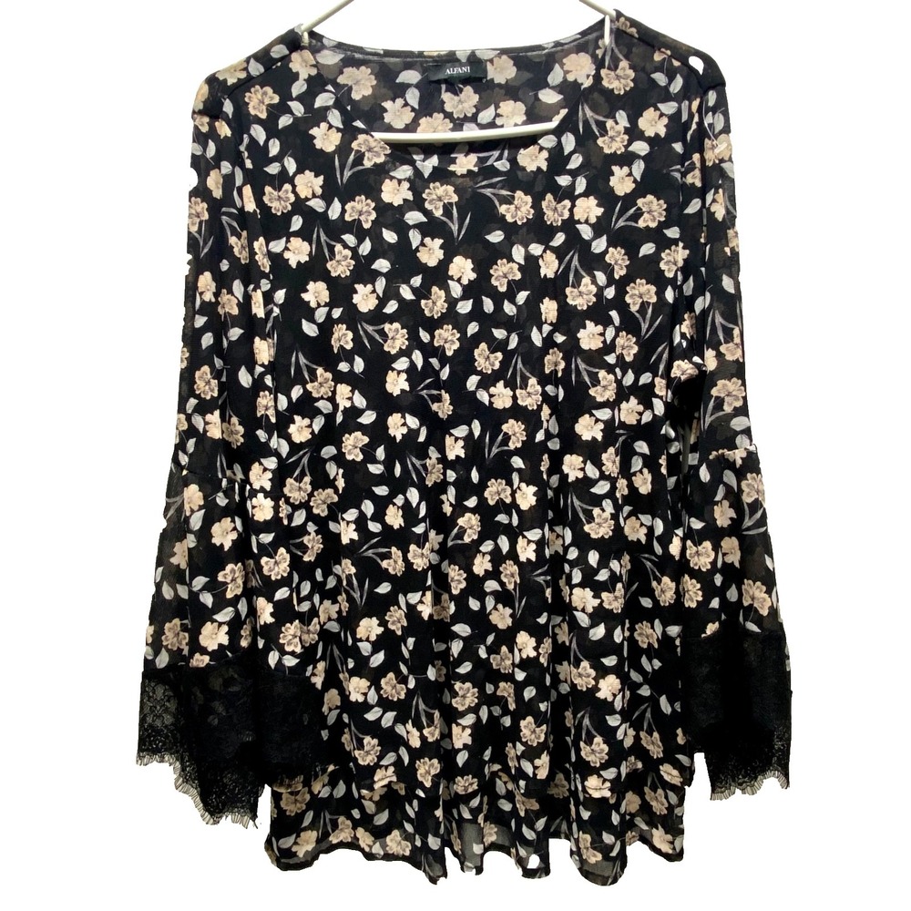 Alfani Poet Blouse Women's XL Black Floral V-Neck Flowy Lace Bell Sleeve Top EUC
